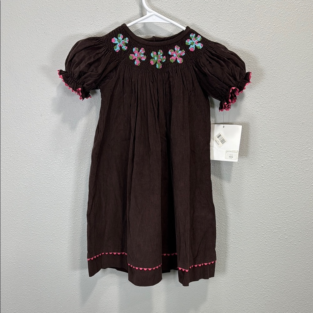 Castles & Crowns Brown Smocked corduroy Sundress with Pink Floral‎ Embroidery
